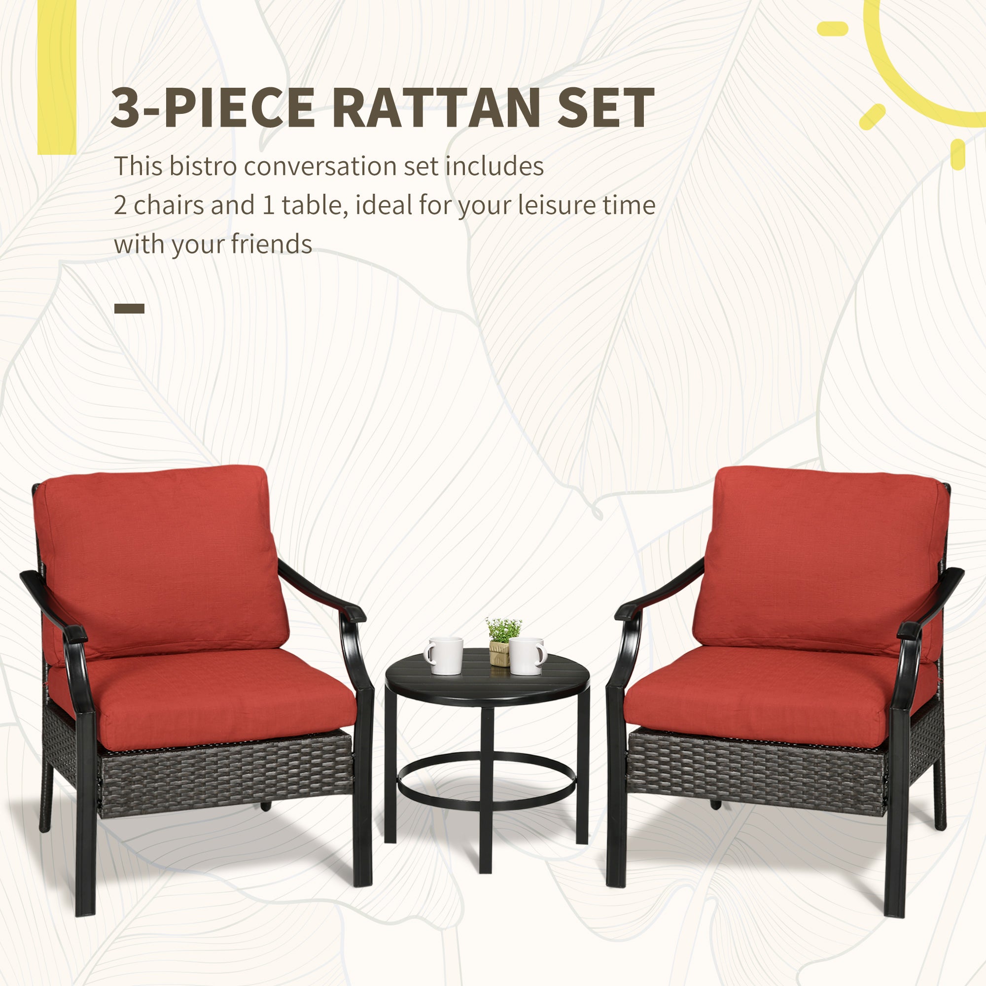 3 Pieces Patio Wicker Bistro Set, Outdoor PE Rattan Balcony Furniture with Soft Padded Cushions &; Iron Plate Top Table for Garden, Backyard, Red Bistro Sets   at Gallery Canada