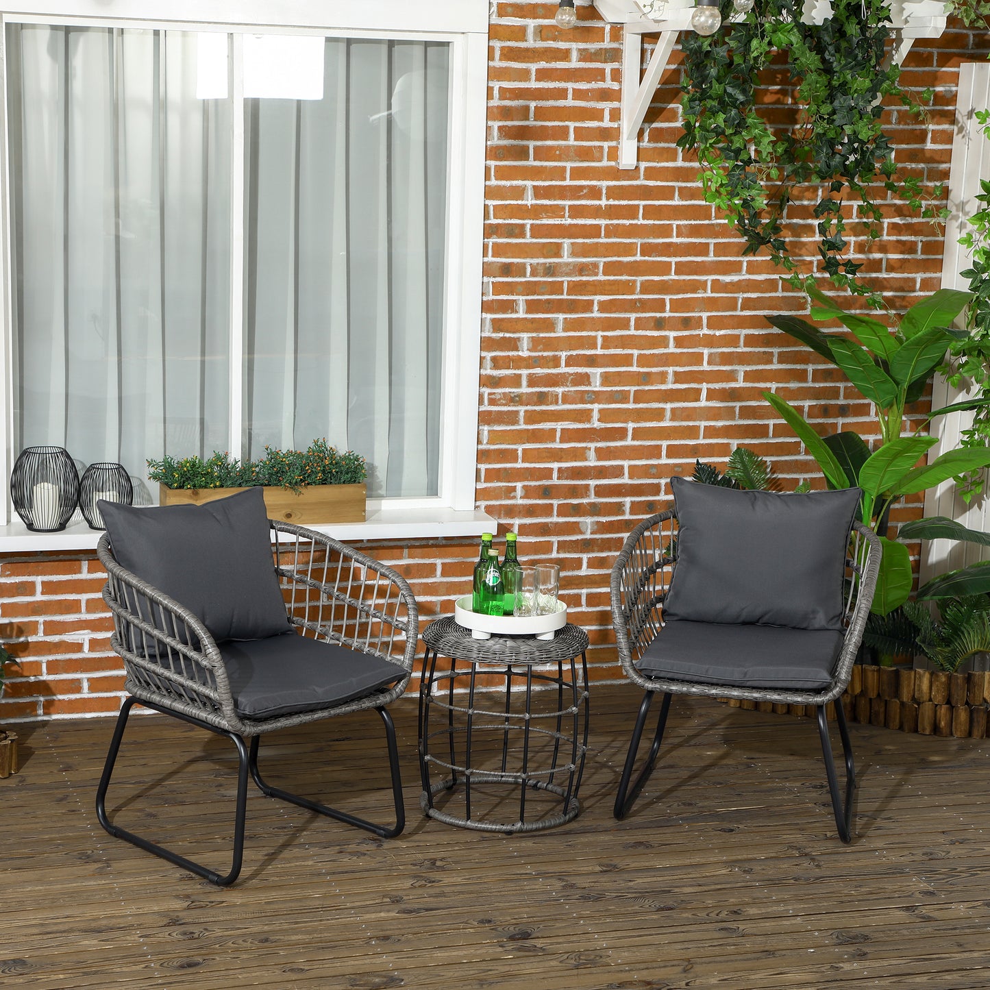 3 Pieces Patio Furniture Outdoor PE Rattan Bistro with Soft Seat and Back Cushions for Garden, Backyard, Charcoal Grey Bistro Sets   at Gallery Canada