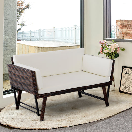 Convertible Rattan Sofa Bed Chaise Lounge Wicker Loveseat Armchair Double Seat with Cushion All Weather Patio Furniture Brown Patio Furniture Sets Cream and Brown  at Gallery Canada