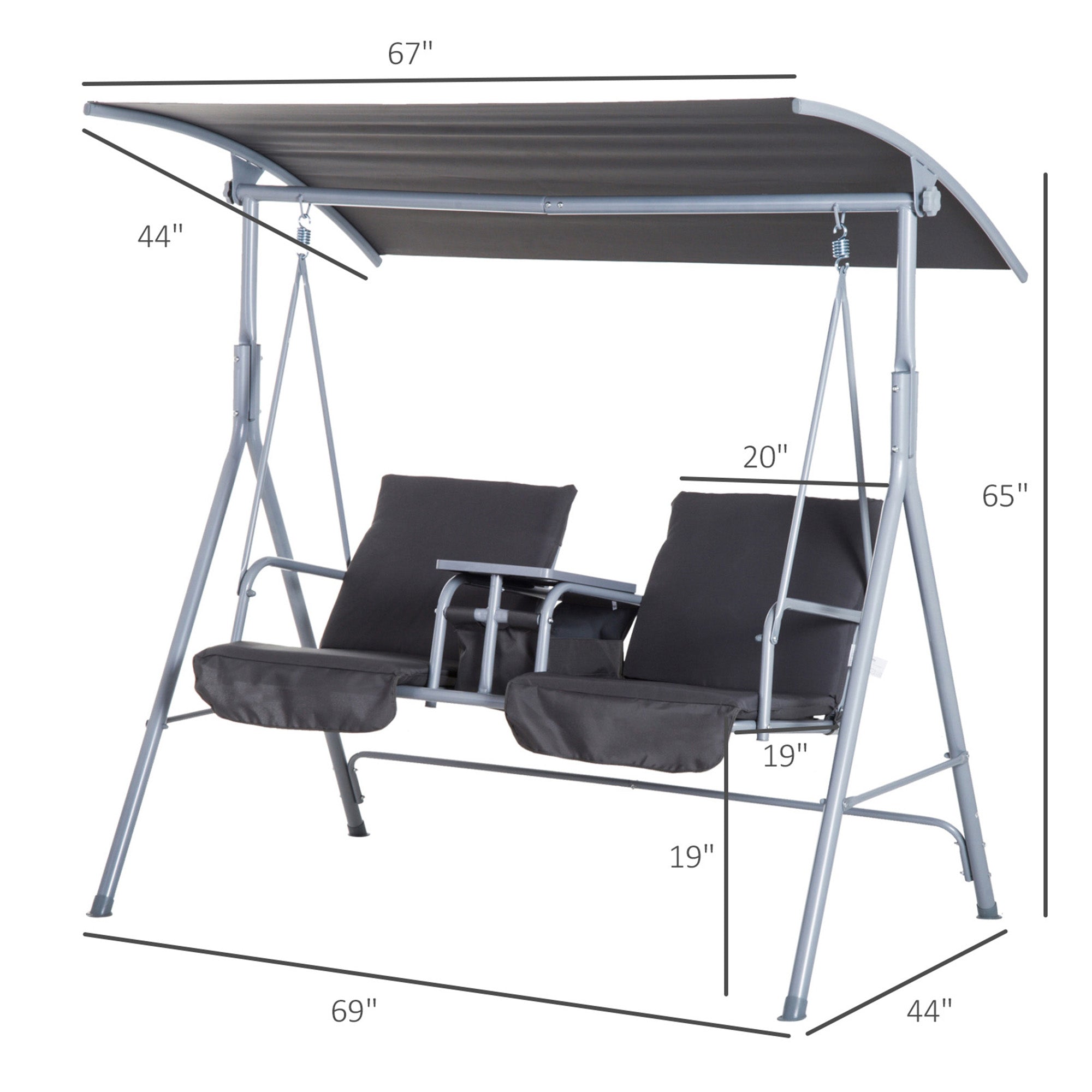 Double Outdoor Swing Chair 2 Person Covered Swing Porch Swing w/ Pivot Table &; Storage Console Grey Patio Swings with Stand Grey  at Gallery Canada