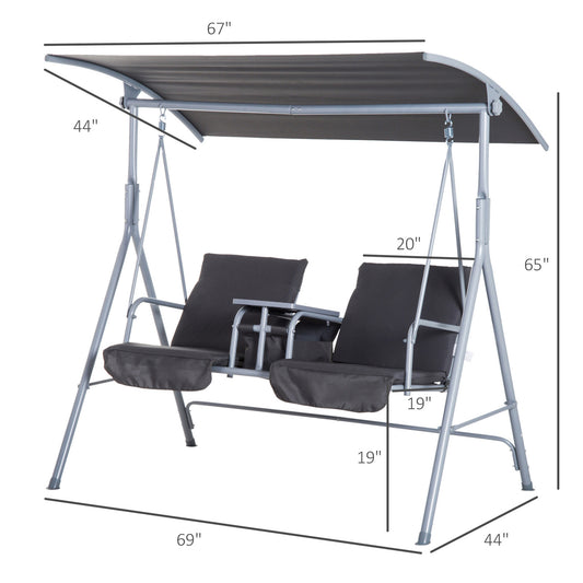 Double Outdoor Swing Chair 2 Person Covered Swing Porch Swing w/ Pivot Table &; Storage Console Grey - Gallery Canada