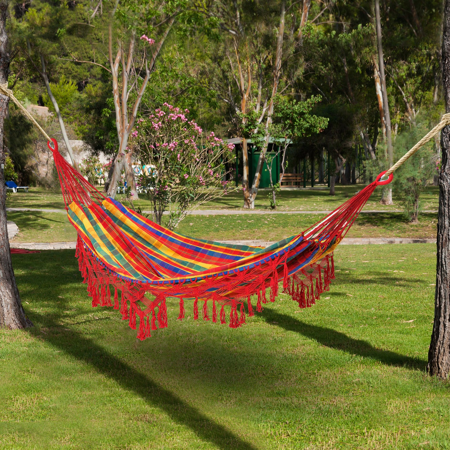 Brazilian Style Hammock Extra Large Cotton Hanging Camping Bed with Carrying Bag, for Patio Backyard Poolside, Rainbow Stripe Camping Hammocks   at Gallery Canada