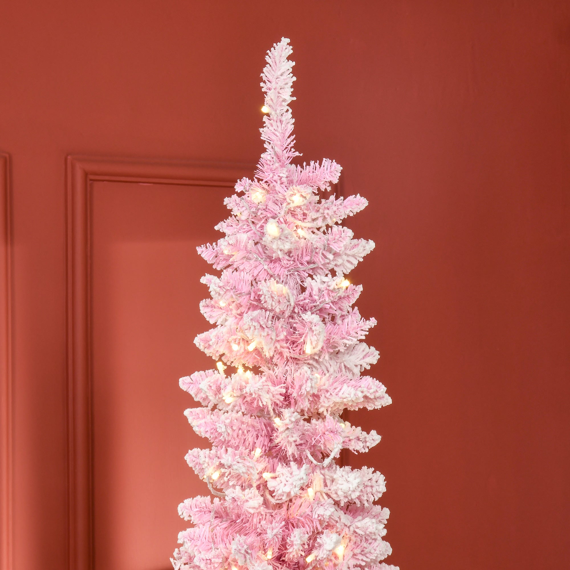 Prelit 7.5 Ft Snow Flocked Pencil Christmas Tree, 700 Branches, LED Lights, Pink Pre Lit Christmas Trees   at Gallery Canada