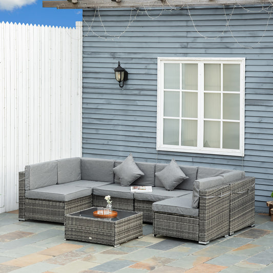 7pc Garden Wicker Sectional Set w/ Tea Table Patio Rattan Lounge Sofa Outdoor Deck Furniture Light Grey Patio Furniture Sets Multi Colour  at Gallery Canada