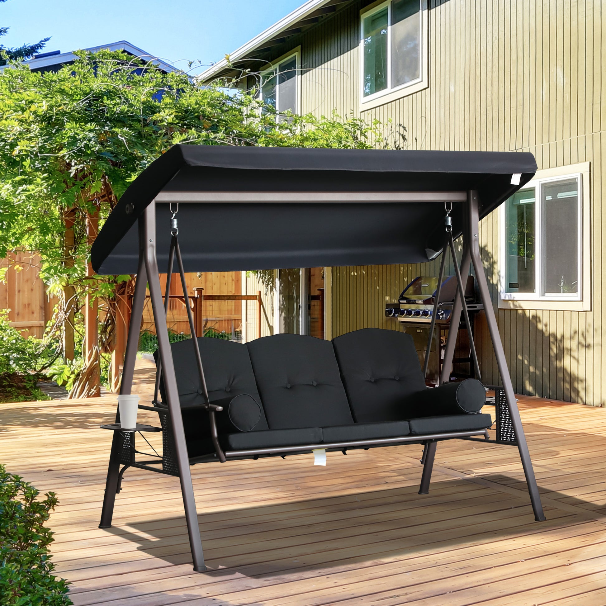 Outdoor Patio 3-Person Steel Canopy Cushioned Seat Bench Swing with Included Side Trays &; Padded Comfort, Black Patio Swings with Stand   at Gallery Canada