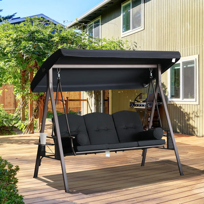 Outdoor Patio 3-Person Steel Canopy Cushioned Seat Bench Swing with Included Side Trays &; Padded Comfort, Black Patio Swings with Stand   at Gallery Canada