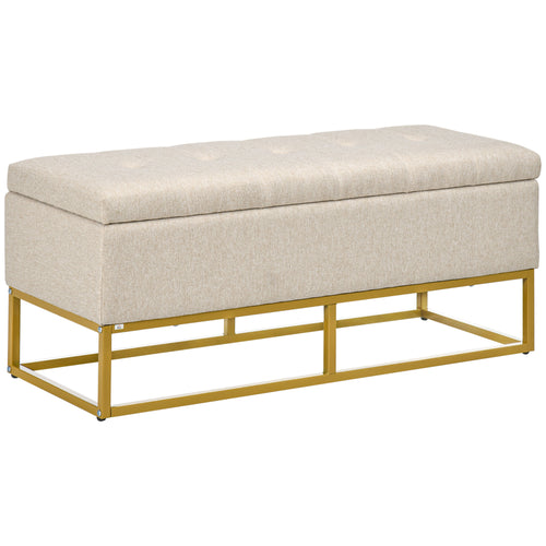 Storage Ottoman with Flip Top, Upholstered Storage Bench, Linen Fabric Footstool with Steel Legs for Living Room, Bedroom, Beige