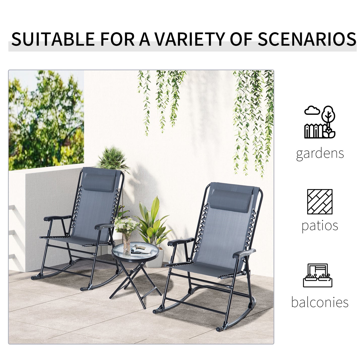 Foldable 3pc Patio Rocking Chair Set with Table, Mesh Seat & Padded Headrest, Grey Outdoor Rocking Chairs   at Gallery Canada