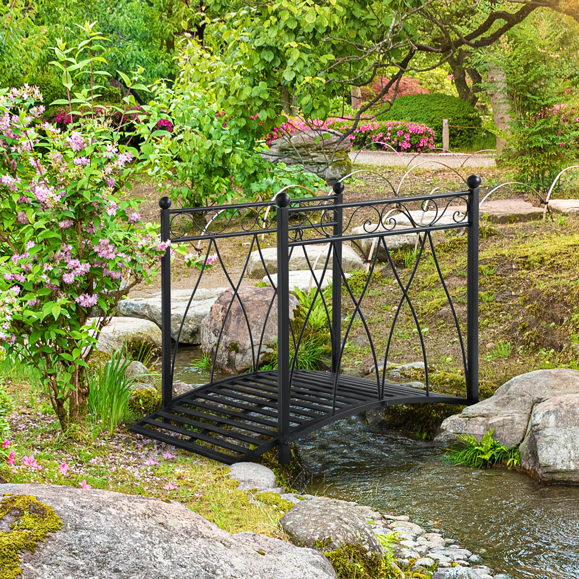 3.3FT Classic Garden Bridge with Safety Railings Arc Footbridge Decorative Pond Bridge for Backyard Creek Stream, Black Garden Bridges   at Gallery Canada