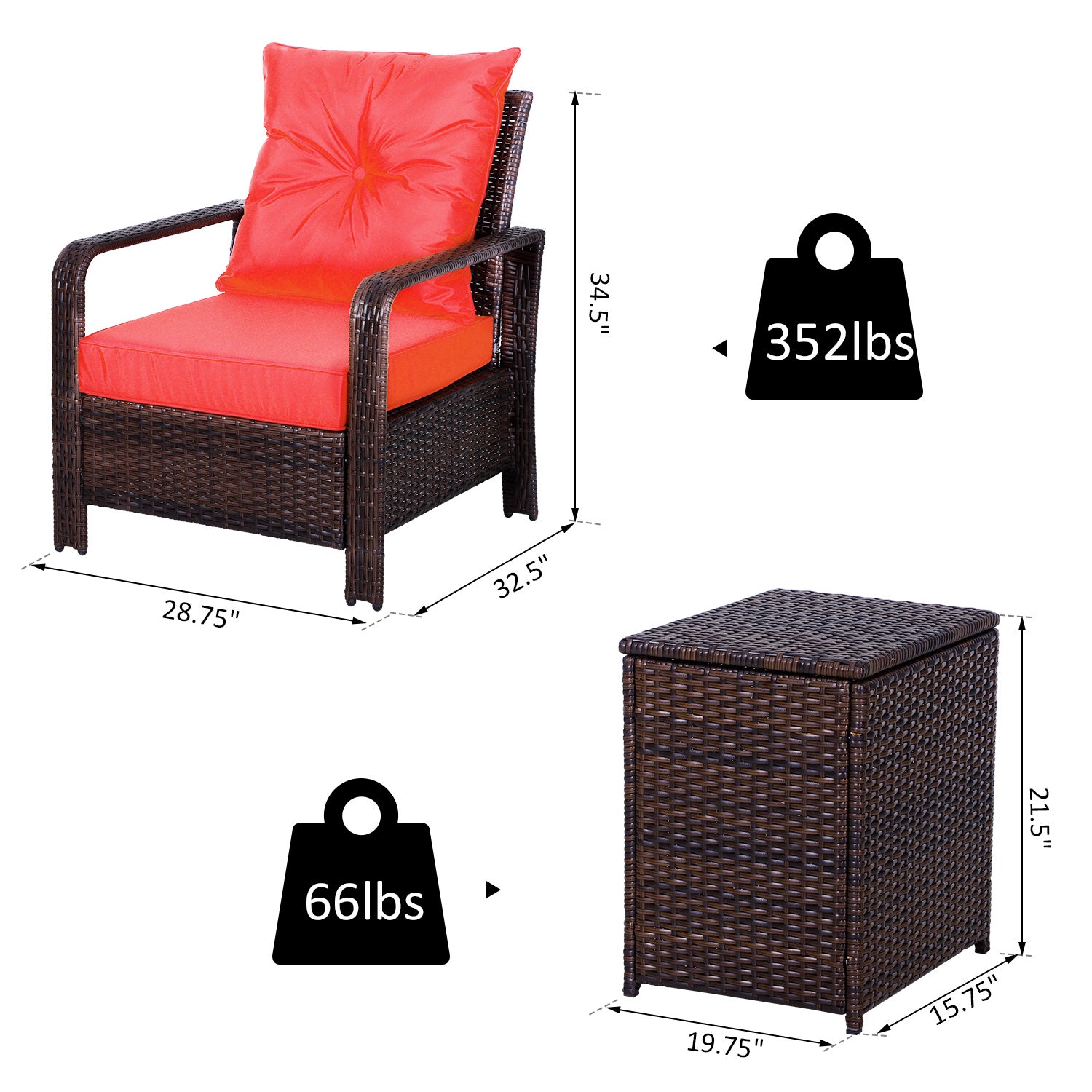 3 Pieces Patio Bistro Set, PE Rattan Garden Sofa Set with 2 Padded Chairs 1 Storage Table, Red Bistro Sets   at Gallery Canada