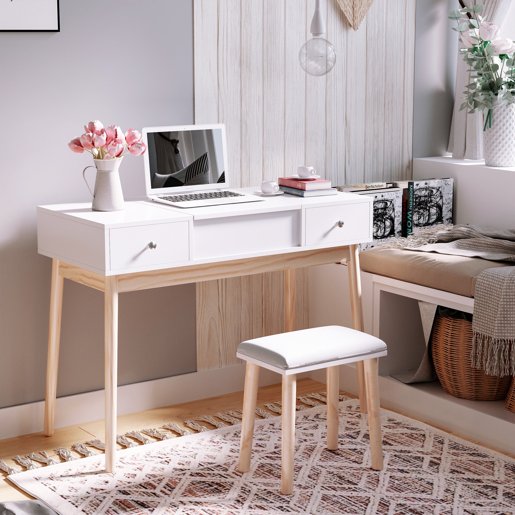 Flip Top Mirror Vanity Set with Cushioned Stool, 2 Drawers, Storage Grids, White Dressing & Vanity Tables   at Gallery Canada