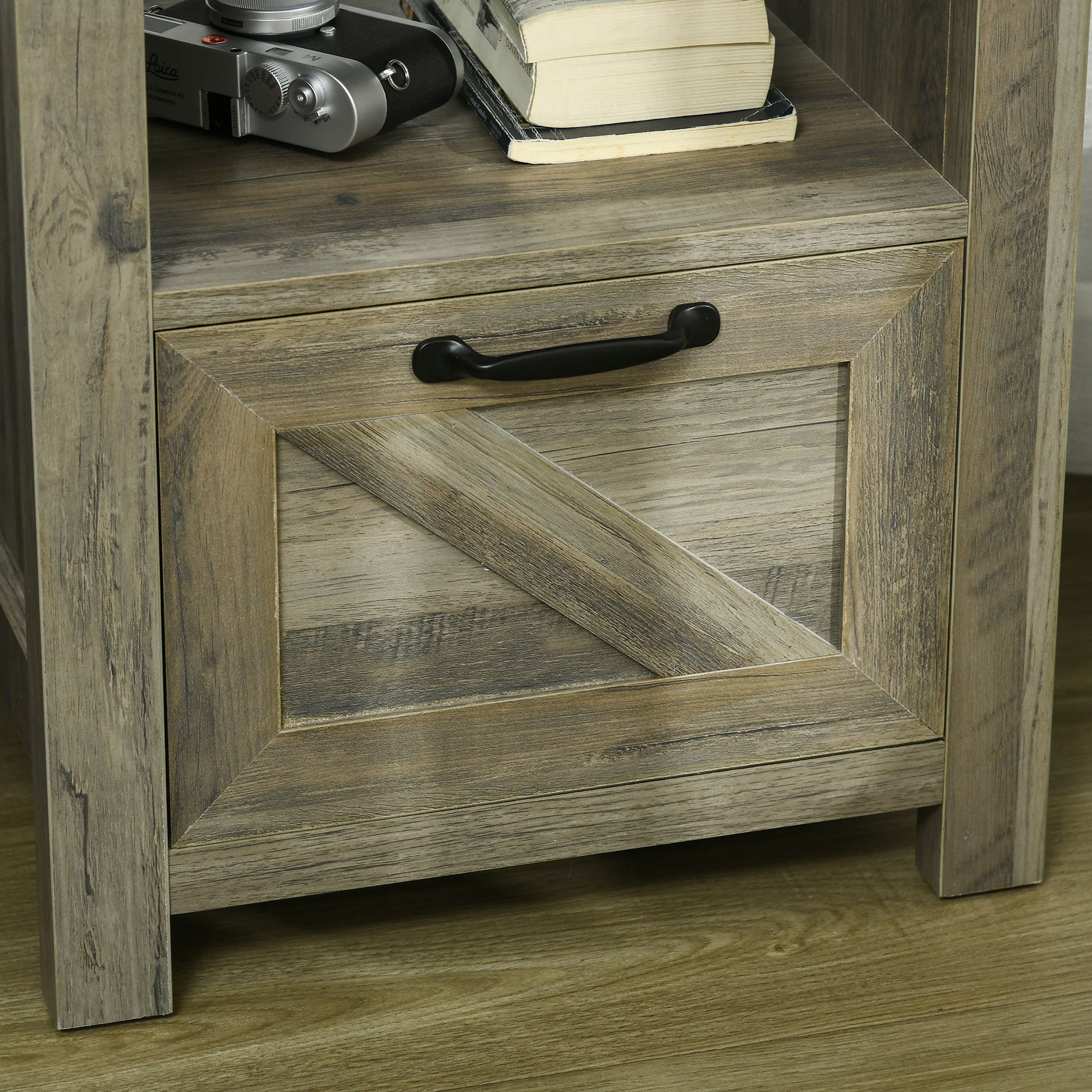 Side Table with Storage, Farmhouse End Table with Drawer, Open Shelf and Barn-style Panel, Accent Table for Living Room, Bedroom, Grey Side Tables   at Gallery Canada