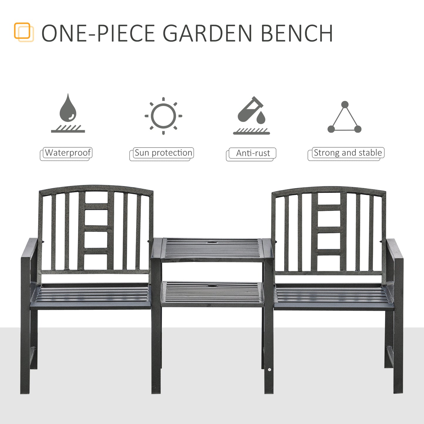 Steel Garden Bench w/ Middle Table, Umbrella Hole, Double Seat for Outdoor, Patio, Backyard Weather-Resistant Frame, Black Outdoor Benches   at Gallery Canada