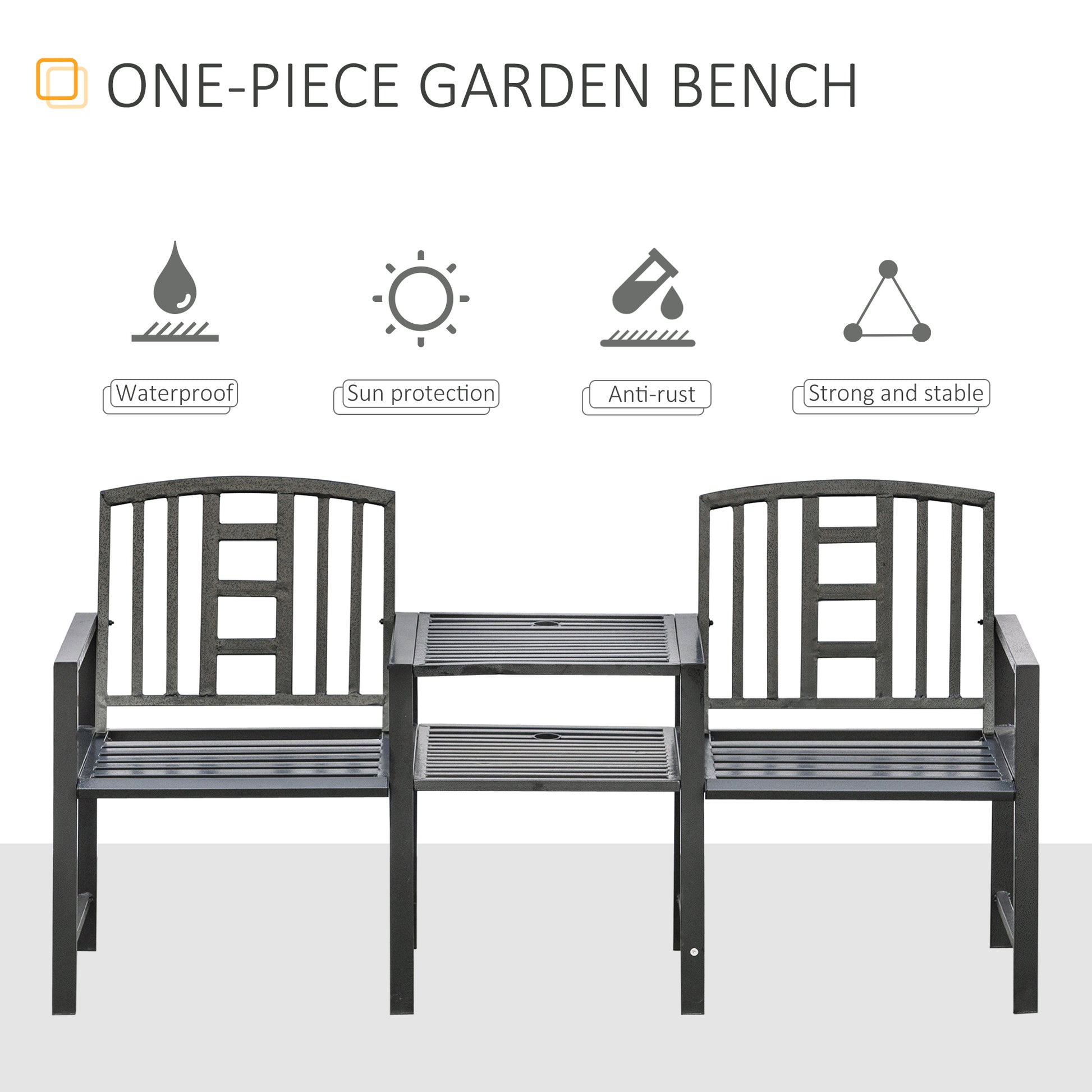 Steel Garden Bench w/ Middle Table, Umbrella Hole, Double Seat for Outdoor, Patio, Backyard Weather-Resistant Frame, Black Outdoor Benches   at Gallery Canada