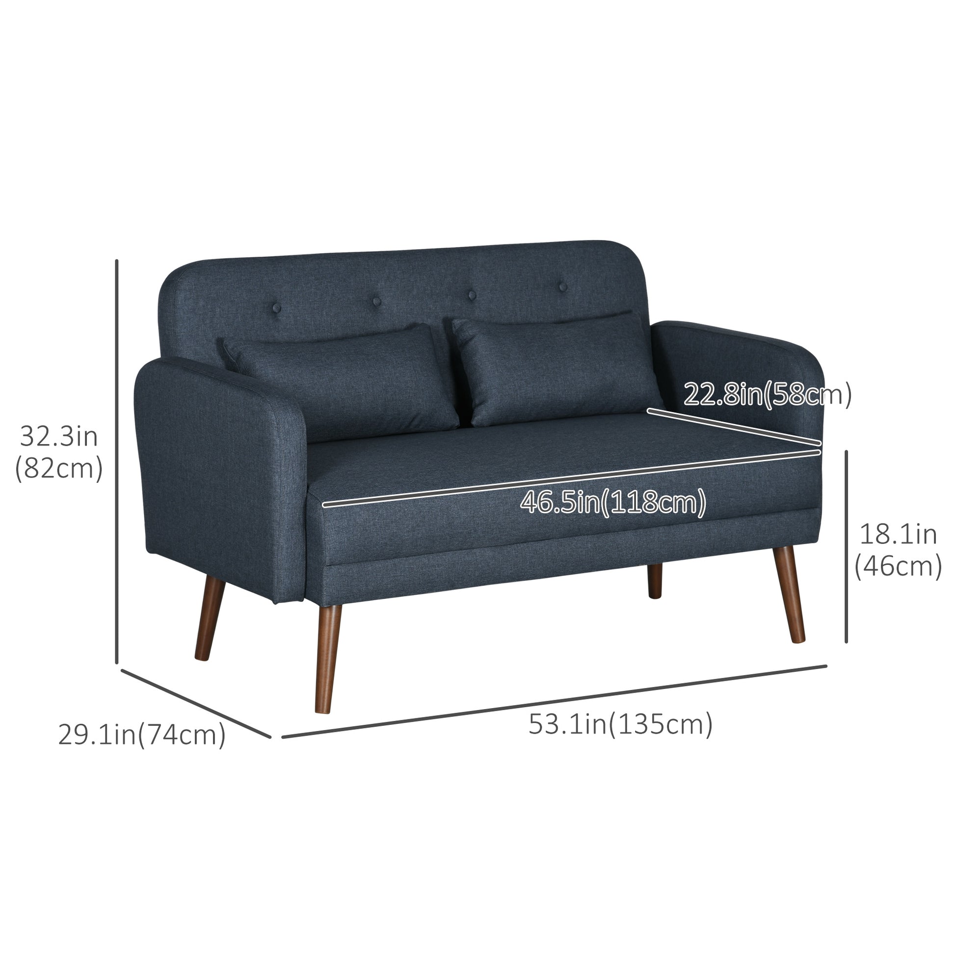 53" 2 Seat Sofa, Modern Love Seats Furniture, Upholstered 2 Seater Couch with Throw Cushions, Solid Wood Frame, Blue 2-Seater Sofas   at Gallery Canada