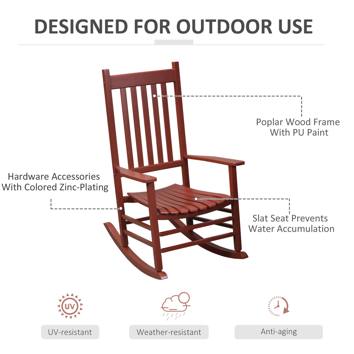 Wooden Porch Rocking Chair Outdoor Patio Rocker Garden Single Leisure Reclining Seat Armchair Wine Red Outdoor Rocking Chairs   at Gallery Canada