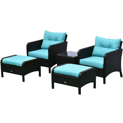 5-Piece Wicker Patio Sofa Set with Cushions, Armchairs, Footstools, Table, Light Blue