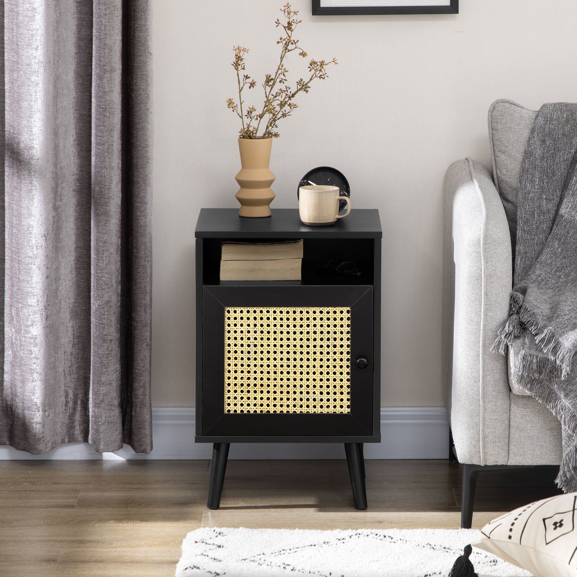 Bedside Table with Rattan Element, Side End Table with Shelf and Cupboard, 15.4