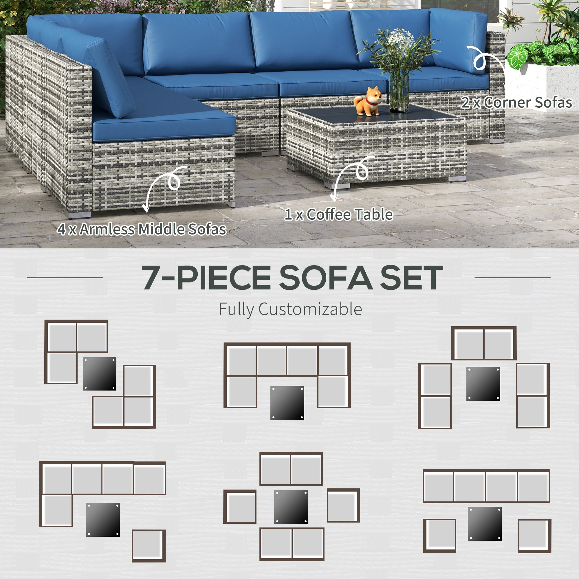 7pc Garden Wicker Sectional Set w/ Tea Table Patio Rattan Lounge Sofa Outdoor Deck Furniture Blue Patio Furniture Sets   at Gallery Canada