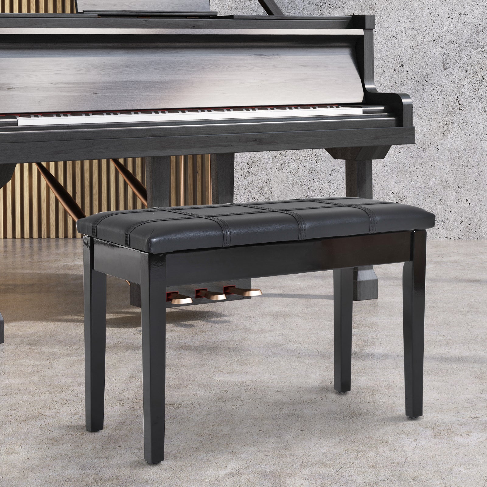 Duet Piano Storage Bench Two Person Professional Padded Keyboard Seat Birchwood with Traditional PU Leather Lift Top Black Piano Benches   at Gallery Canada