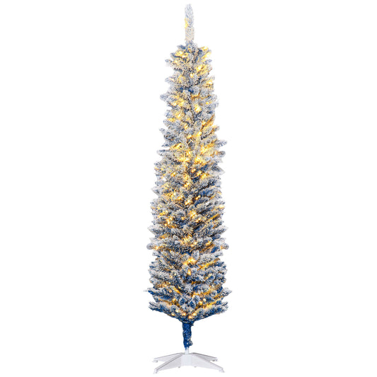 6' Flocked Christmas Tree, Pencil Prelit Artificial Christmas Tree with Snow Branches, Blue - Gallery Canada