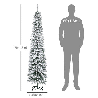 6 Ft Snow-Flocked Artificial Christmas Tree, Slim Pencil Xmas Tree with Realistic Branches, Metal Base, Green Artificial Christmas Trees   at Gallery Canada