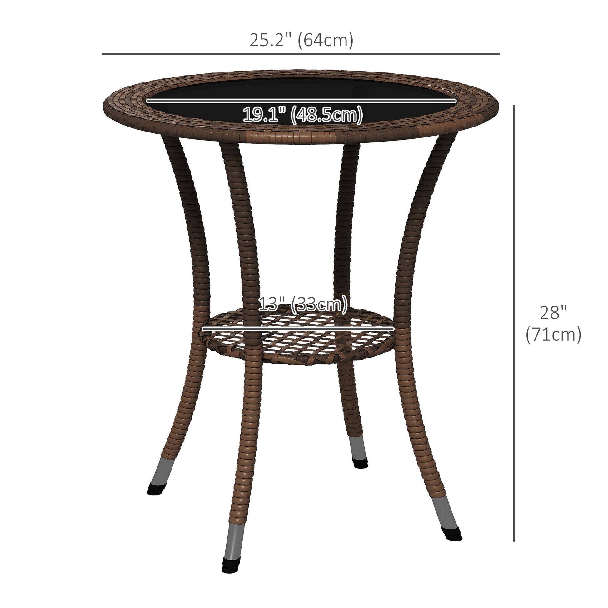 Φ25.2" Outdoor Wicker Dining Table, Rattan Patio Round Coffee Table with 2-Tier Storage Shelf, Metal Frame Side Table with Tempered Glass Top, Brown Patio Dinning Tables   at Gallery Canada