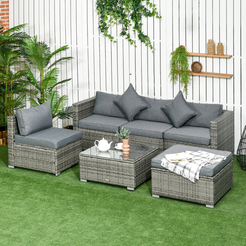 6-Piece Outdoor Rattan Wicker Patio Sofa Set with Cushions and Glass Table, Grey