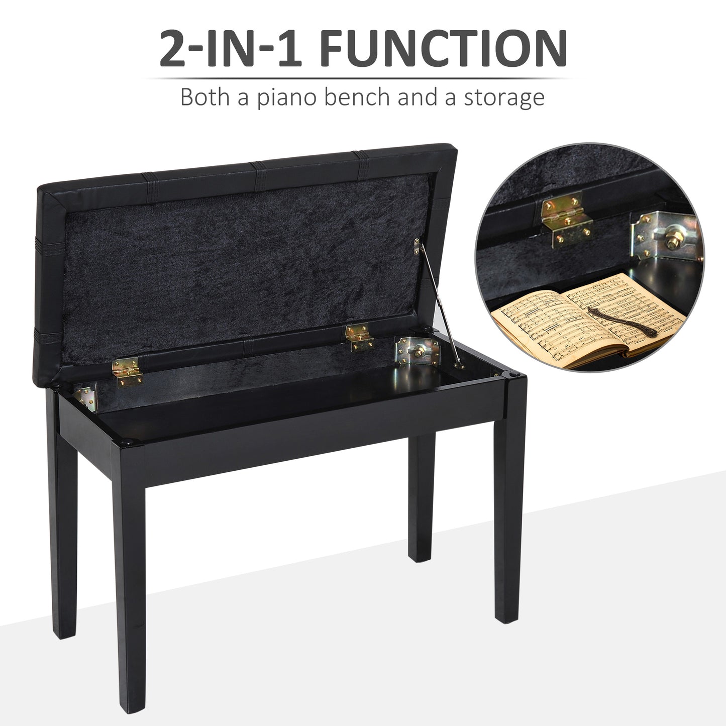 Duet Piano Storage Bench Two Person Professional Padded Keyboard Seat Birchwood with Traditional PU Leather Lift Top Black Piano Benches   at Gallery Canada