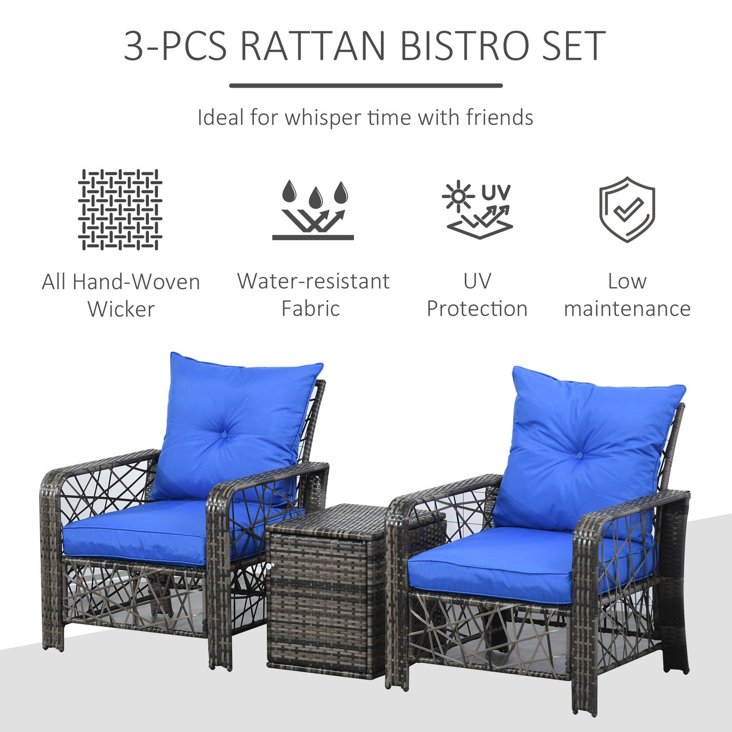 Deluxe 3-Piece Rattan Patio Furniture Set with Cushions & Storage, Blue Bistro Sets   at Gallery Canada