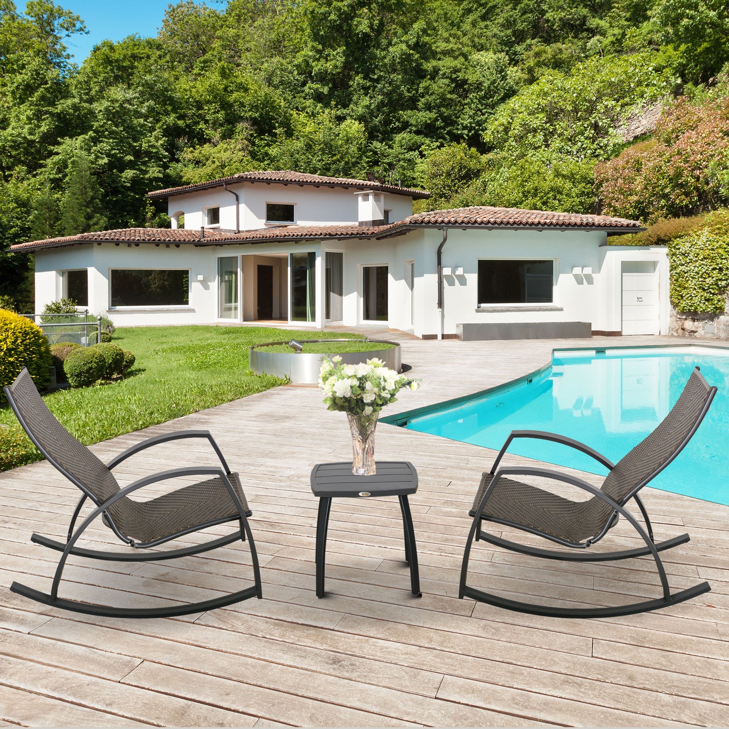 Patio Wicker Rocking Chair Set with Glass Top Table, Aluminum Frame, Brown Outdoor Rocking Chairs   at Gallery Canada