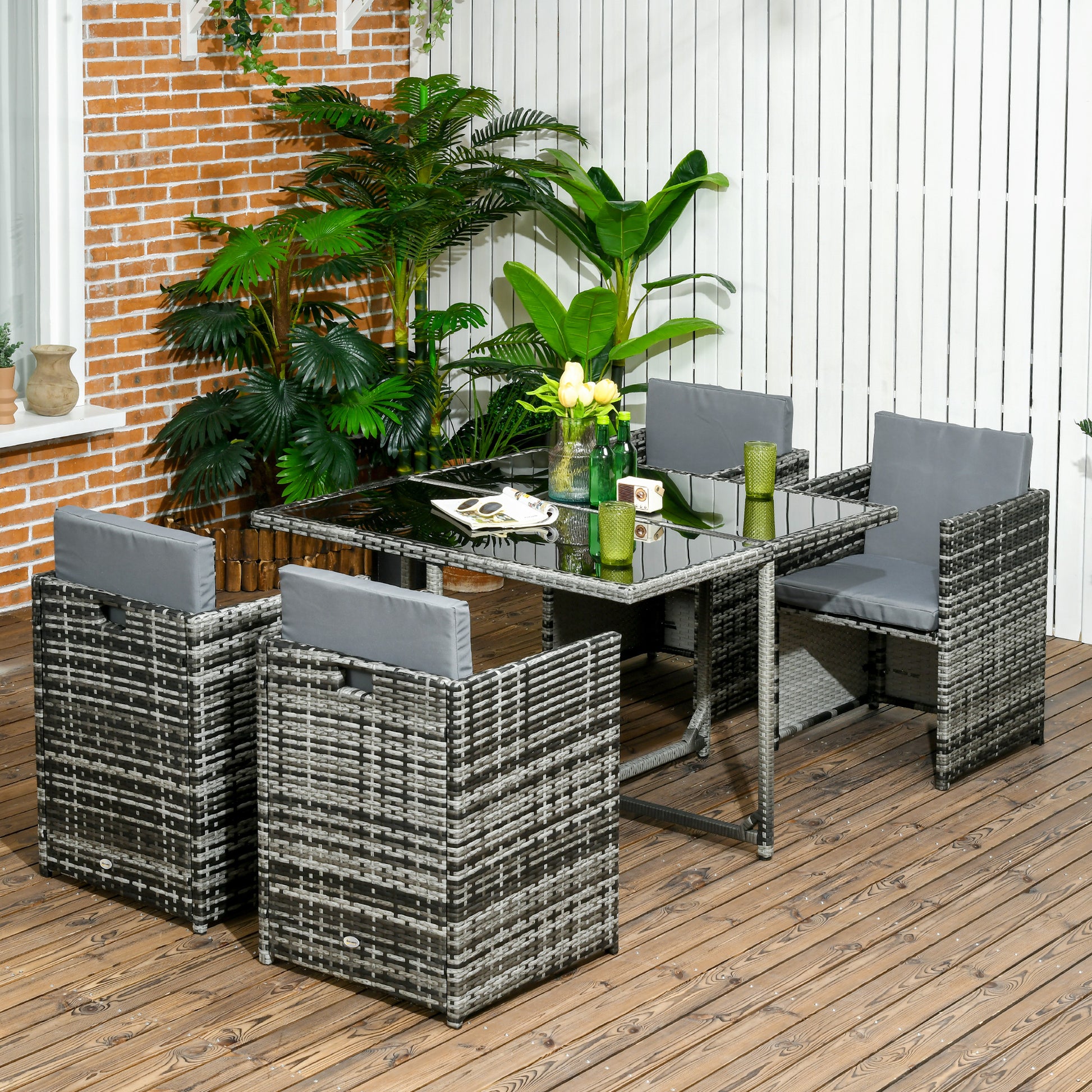 5-Piece Rattan Outdoor Dining Set with Cushions & Tempered Glass Table, Gray Outdoor Dining Sets   at Gallery Canada