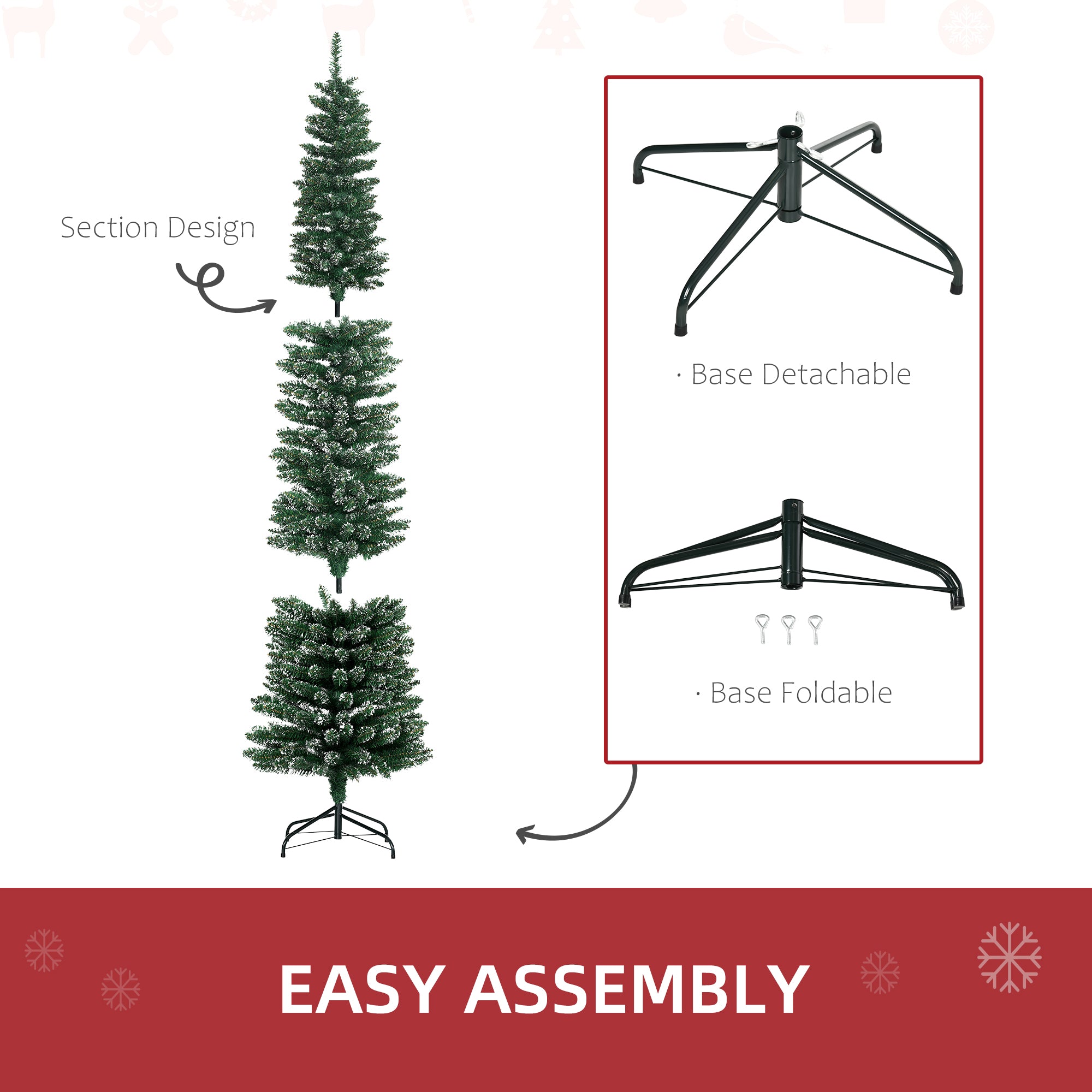 7.5FT Artificial Snow Dipped Christmas Tree Xmas Pencil Tree Holiday Home Indoor Decoration with Foldable Black Stand, Green Pencil Christmas Trees   at Gallery Canada