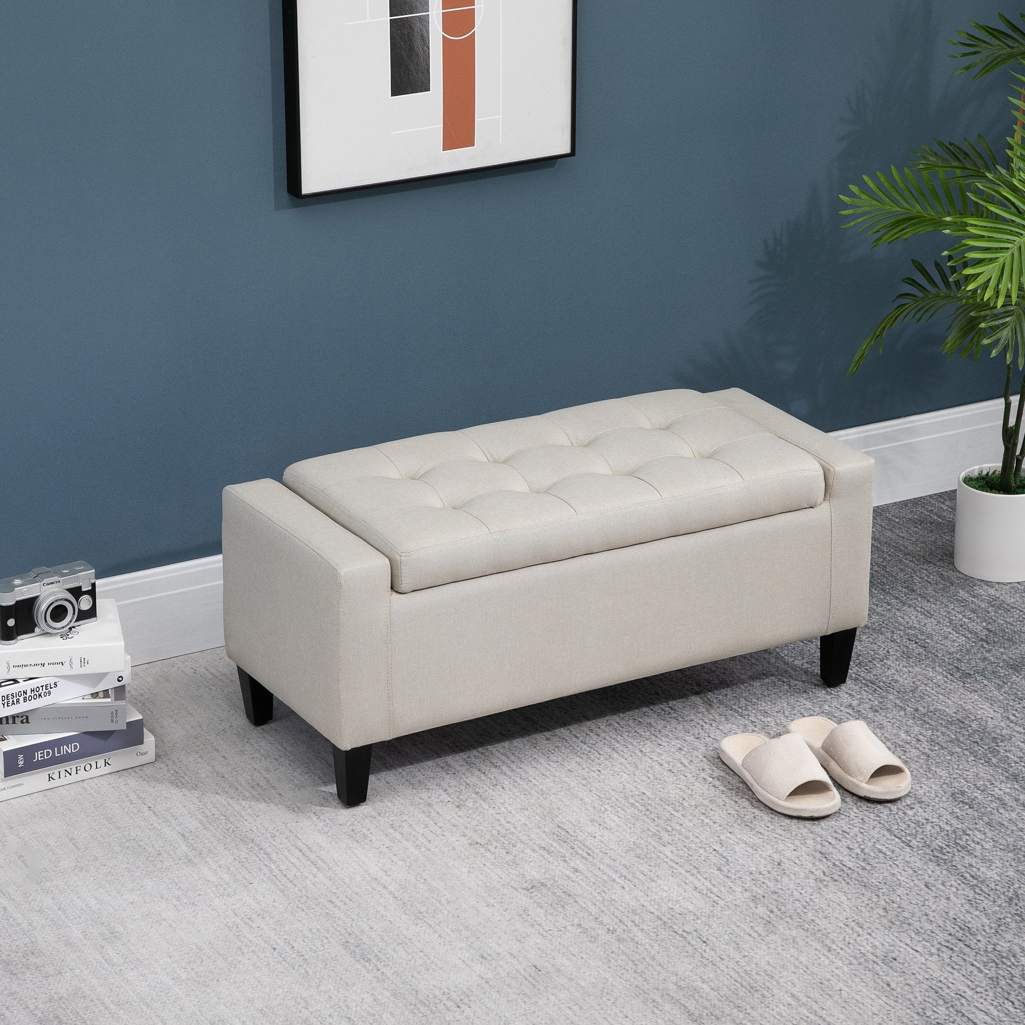 Storage Ottoman Bench Linen-Touch Fabric Tufted Chest Footstool with Flipping Top, Beige Storage Ottomans & Benches   at Gallery Canada