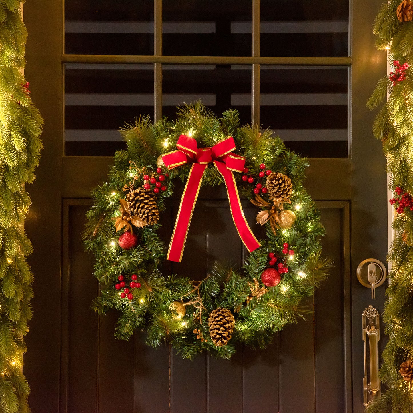 Christmas Wreath 24" Pre-Lit Artificial Greenery Xmas Spruce Wreath Cones Red Berries 20 LED Lights Battery Operated Christmas Wreaths   at Gallery Canada