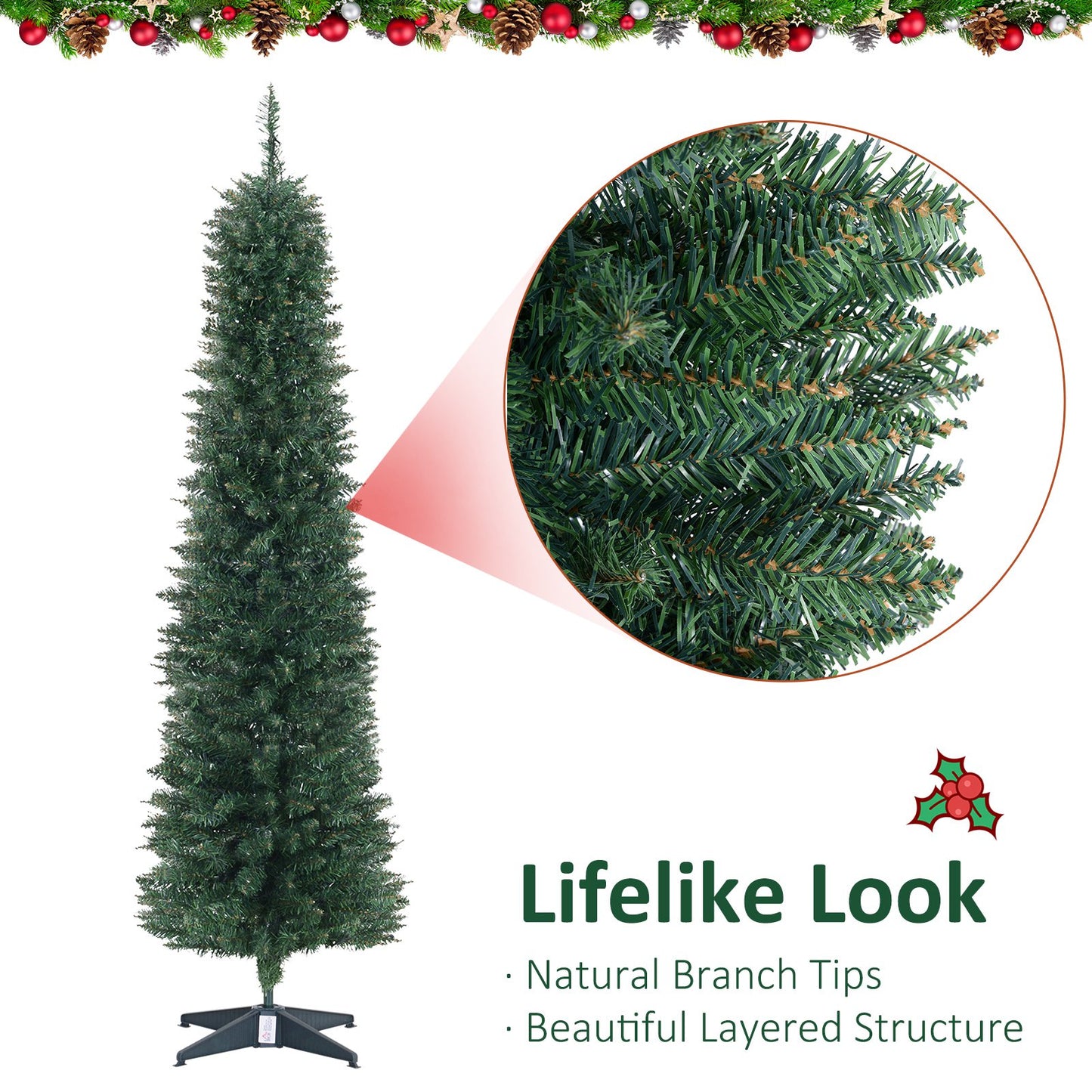 6' Pre Lit Artificial Pencil Christmas Trees, Xmas Tree with Realistic Branches and Warm White LED Lights, Green - Gallery Canada