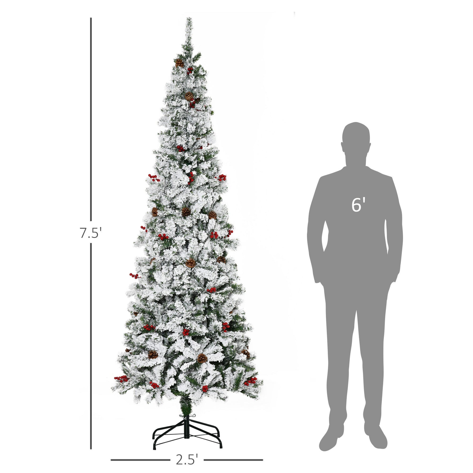 7.5 Foot Pencil Snow Flocked Artificial Christmas Tree with 950 Pine Realistic Branches, Pine Cones, Red Berries, Auto Open, Green Pencil Christmas Trees   at Gallery Canada