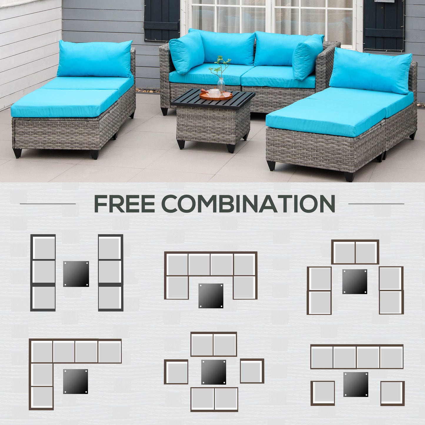 7-Piece Wicker Patio Furniture Set with Thick Cushions and Coffee Table, Light Blue Patio Furniture Sets   at Gallery Canada