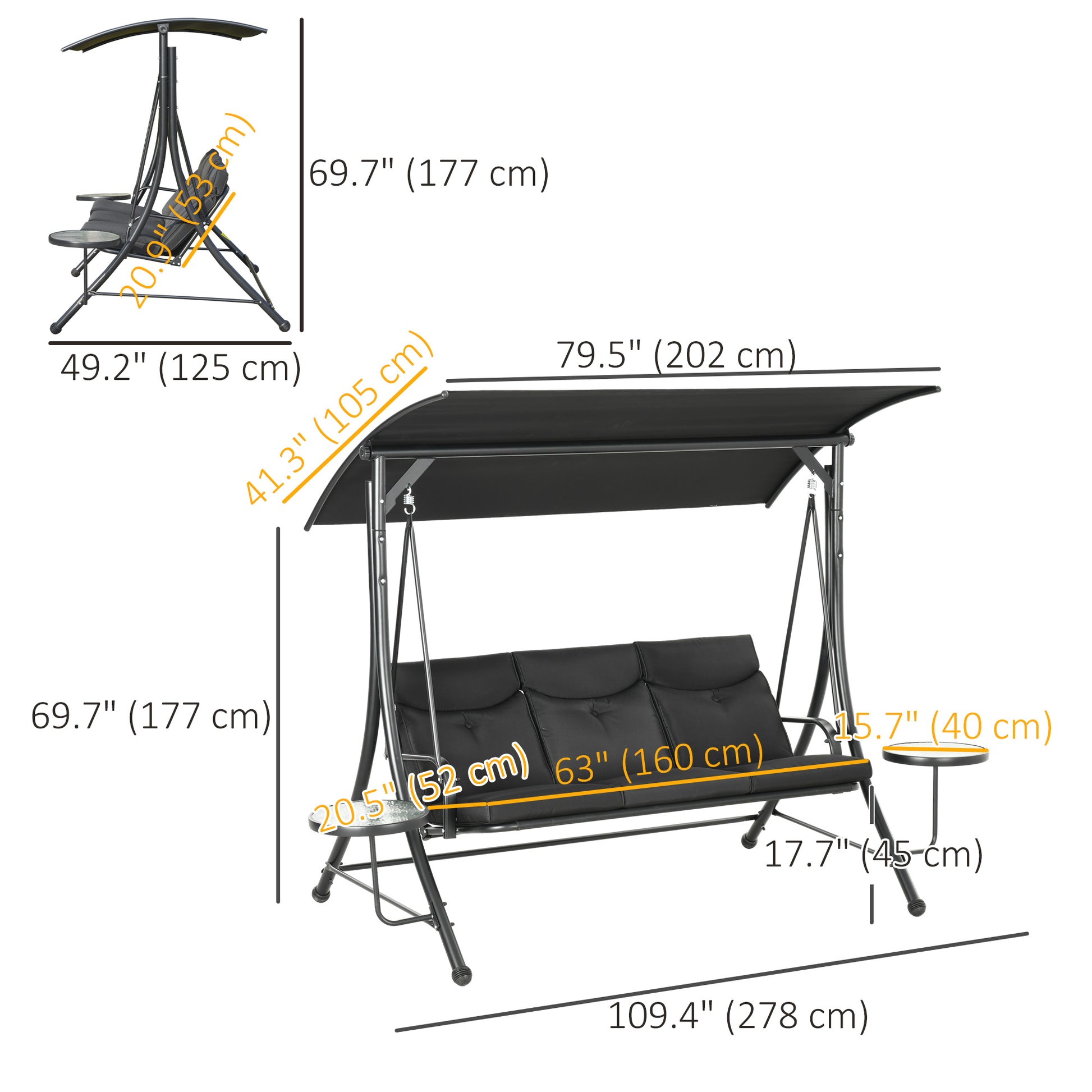 3 Seat Outdoor Swing Chair Steel Swing Bench Porch Swing With Adjustable Canopy &; Coffee Tables &; Cushion for Patio Garden, Black Patio Swings with Stand   at Gallery Canada