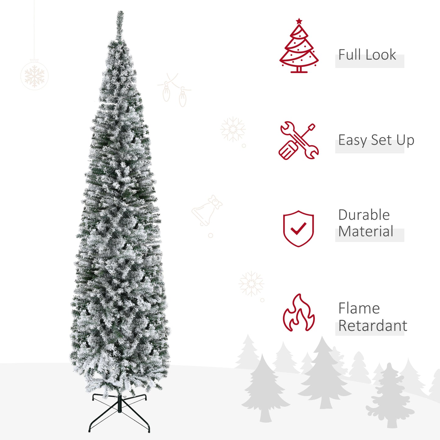 9ft Snow Flocked Pencil Christmas Tree Artificial Slim Xmas Tree with Realistic Branch Tips Folding Metal Stand Pencil Christmas Trees   at Gallery Canada