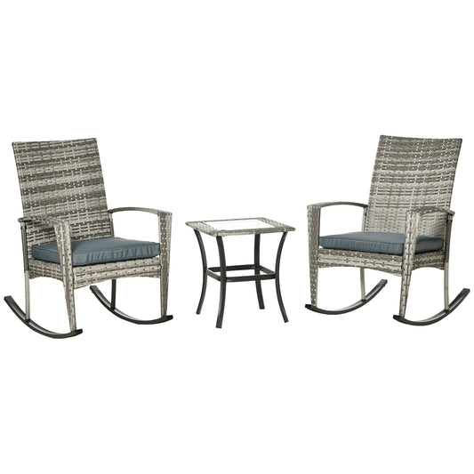 3 Pieces Patio Wicker Rocking Chair Set, Outdoor PE Rattan Bistro Set Conversation Rocker Set with 2 Chairs 1 Coffee Table for Backyard, Deck, Poolside, Grey - Gallery Canada