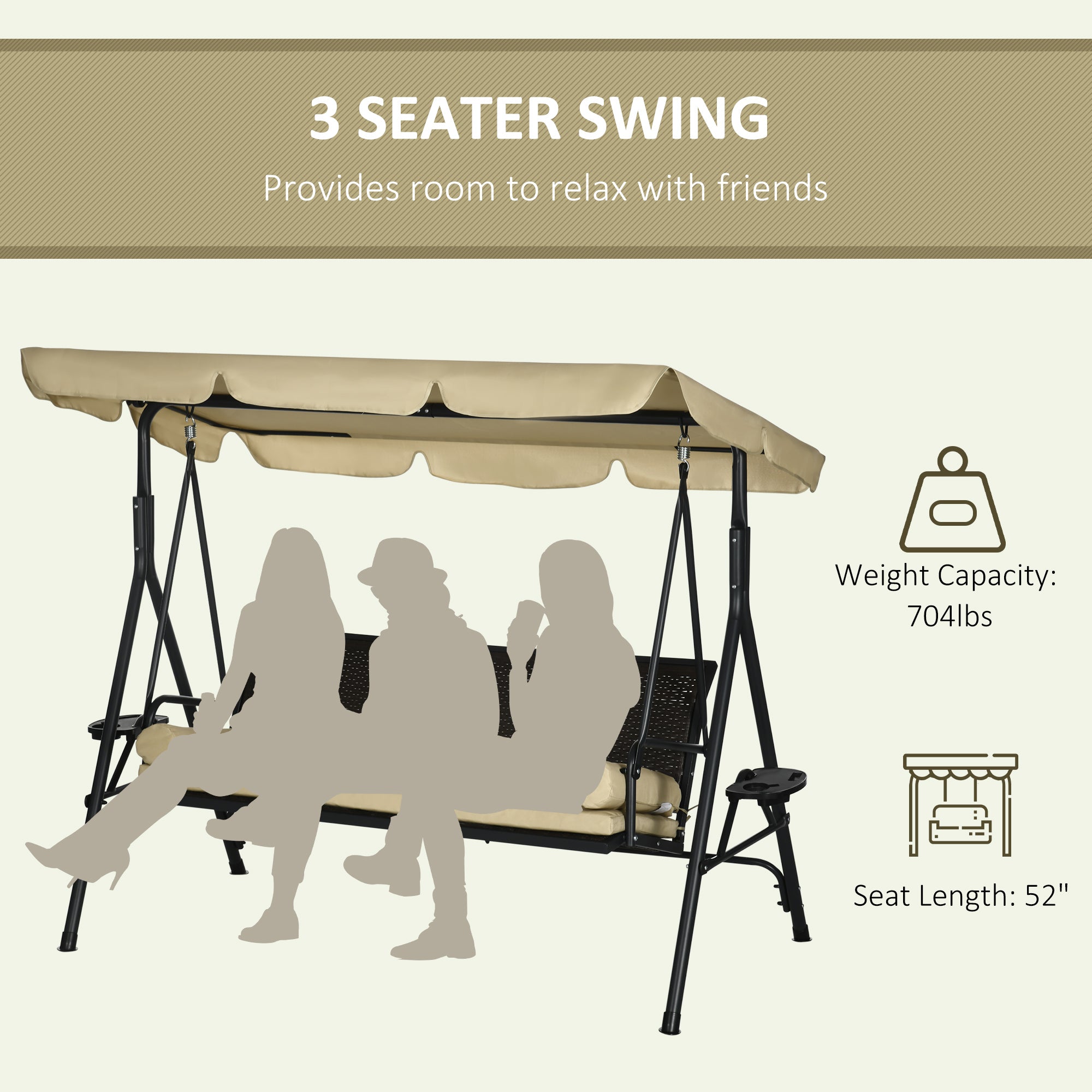 Outdoor 3-Seat Porch Swing with Canopy, Rattan Seat, Removable Cushion, Pillows and Steel Frame Patio Swings with Stand   at Gallery Canada