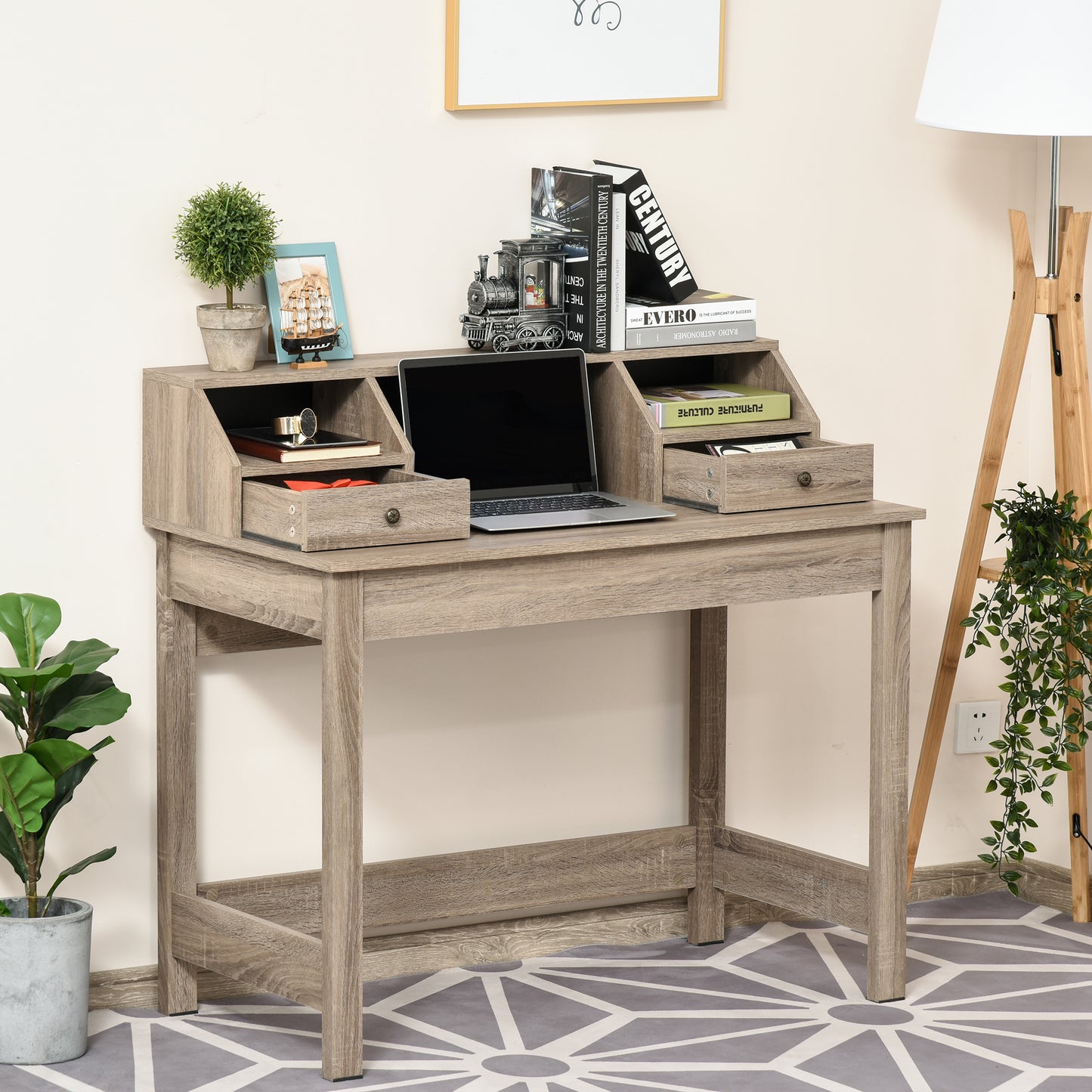 Rectangle Computer Desk with Display Shelves Drawers Home Office Table Workstation Natural Wood Grain Computer Desks   at Gallery Canada