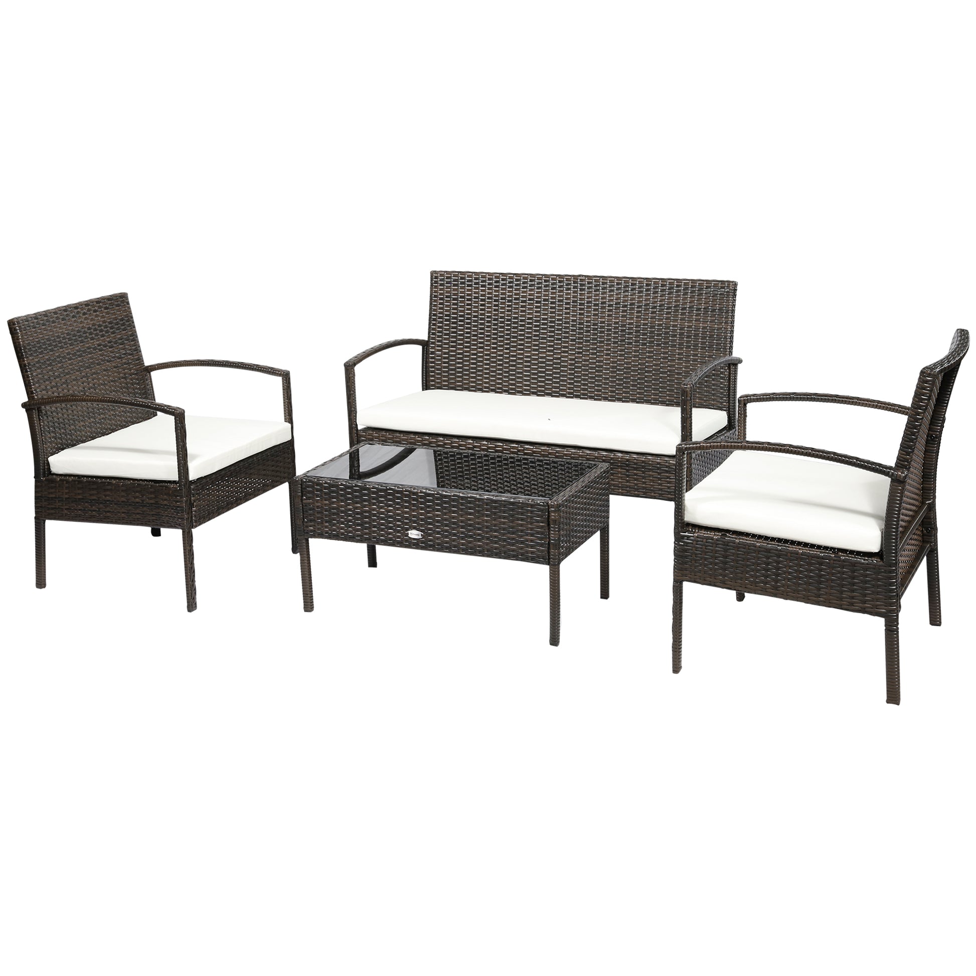 Brown PE Rattan 4-Piece Patio Set: Loveseat, Armchairs, Coffee Table, Cream Cushions Patio Furniture Sets Brown  at Gallery Canada