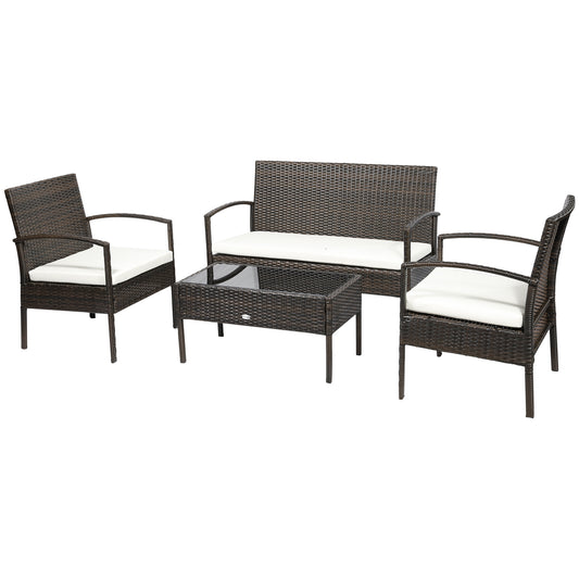 4 Pieces Patio Furniture Sets with A Loveseat, Two Armchairs and A Coffee Table, Outdoor Conversation Set with Glass Top Table, Brown PE Rattan and Cream White Cushions - Gallery Canada