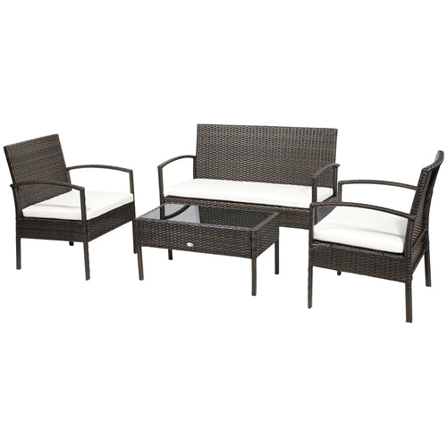 Brown PE Rattan 4-Piece Patio Set: Loveseat, Armchairs, Coffee Table, Cream Cushions