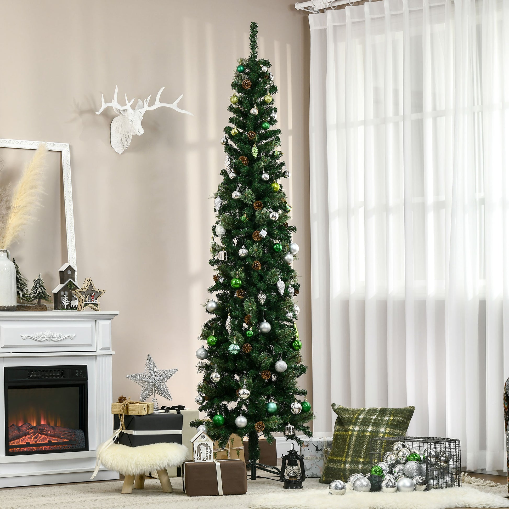 7.5ft Pencil Christmas Tree, Artificial Christmas with Pine Needles, Realistic Branches, Pine Cones, Metal Base, Green Pencil Christmas Trees   at Gallery Canada