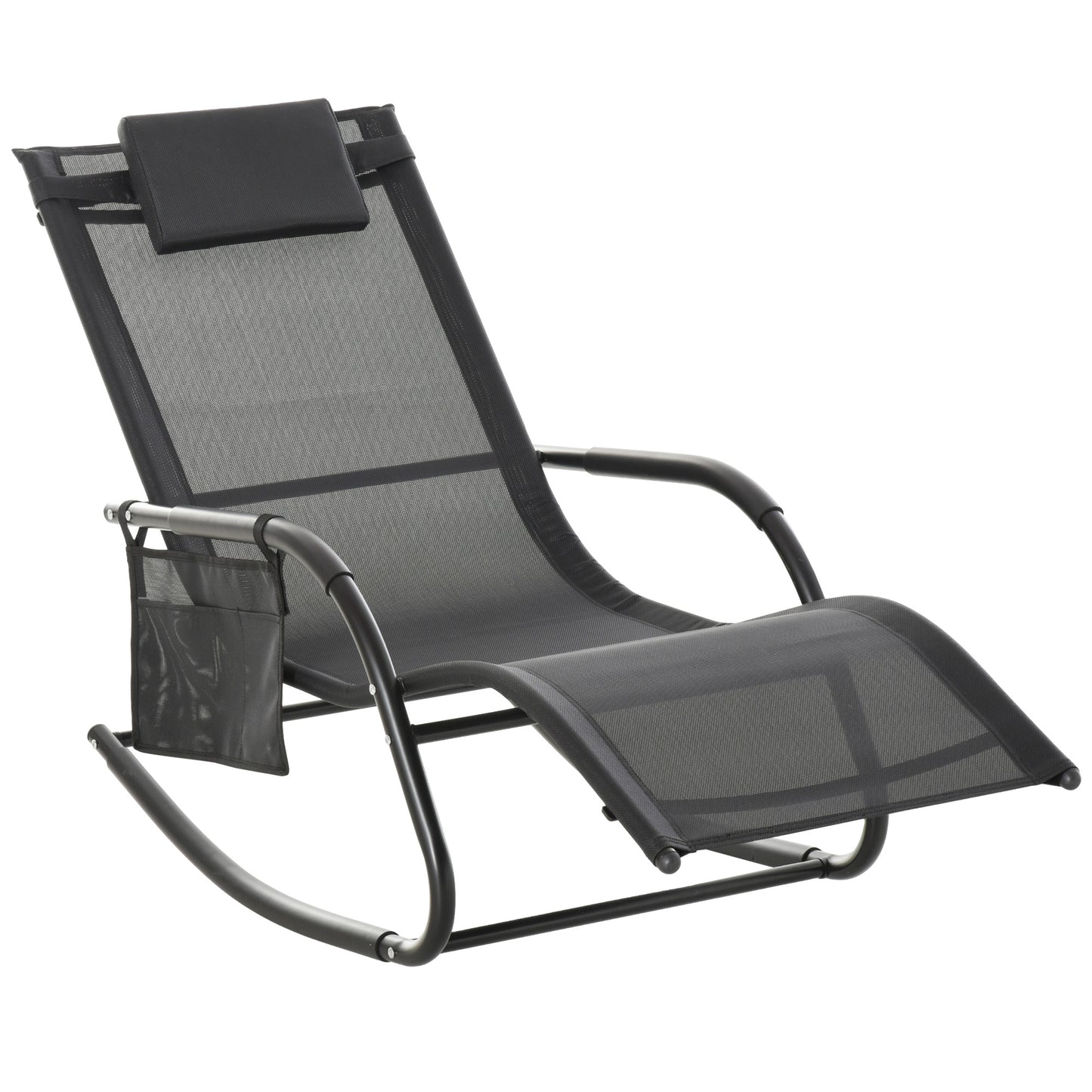 Patio Rocking Chair with Mesh Fabric, Outdoor Rocking Sling Sun Lounger with Removable Headrest and Side Pocket for Garden, Deck, Lawn, Black Outdoor Rocking Chairs Black  at Gallery Canada