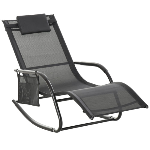 Patio Rocking Chair with Mesh Fabric, Outdoor Rocking Sling Sun Lounger with Removable Headrest and Side Pocket for Garden, Deck, Lawn, Black