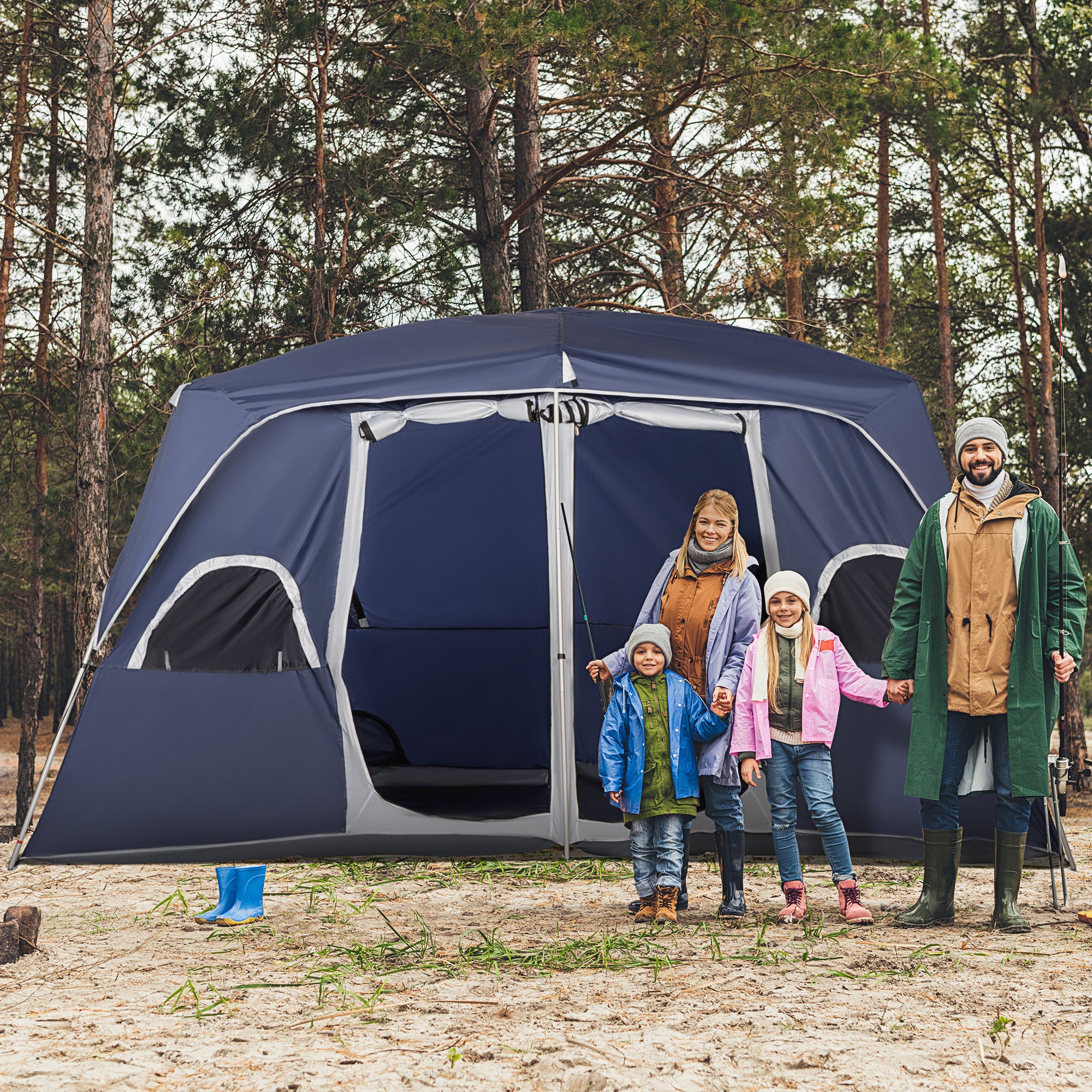 Camping Tent, Family Tent 4-8 Person 2 Room, with Large Mesh Windows, Easy Set Up for Backpacking Hiking Outdoor 13' x 9' x 7', Blue Camping Tents   at Gallery Canada